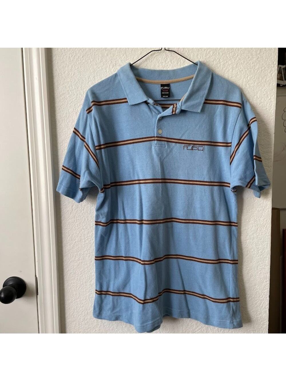 Vintage Y2K 2000s FuBu Blue & Brown Striped Polo Shirt Sz XL